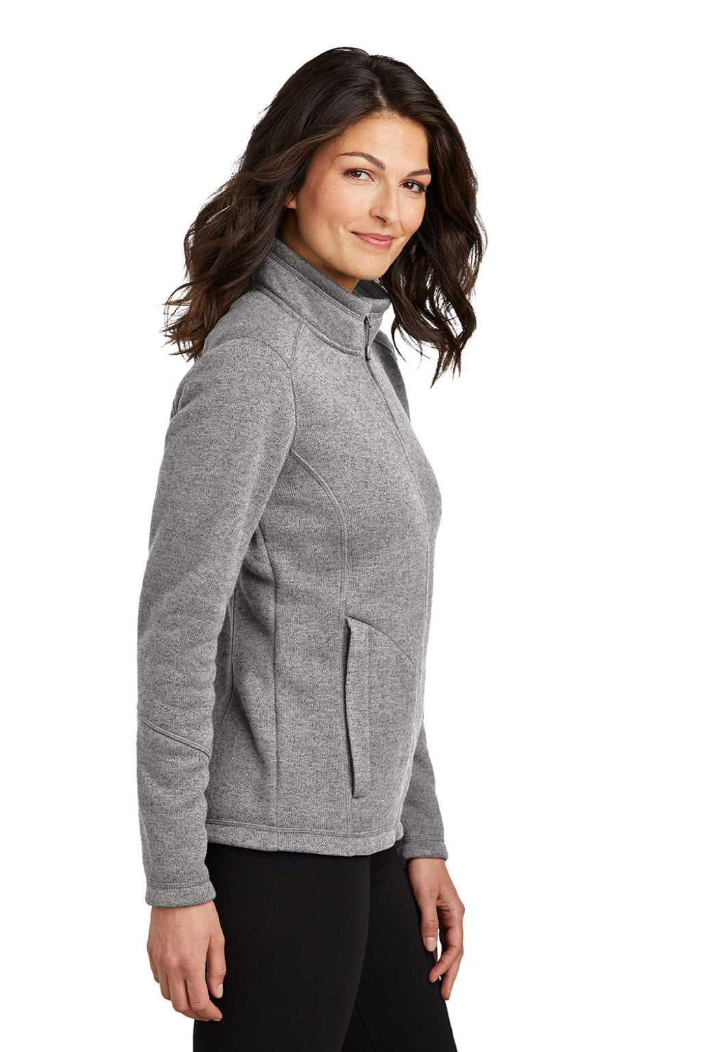 Port Authority L428 Womens Arc Pill Resistant Sweater Fleece Full Zip Jacket Heather Deep Smoke Grey Model Side