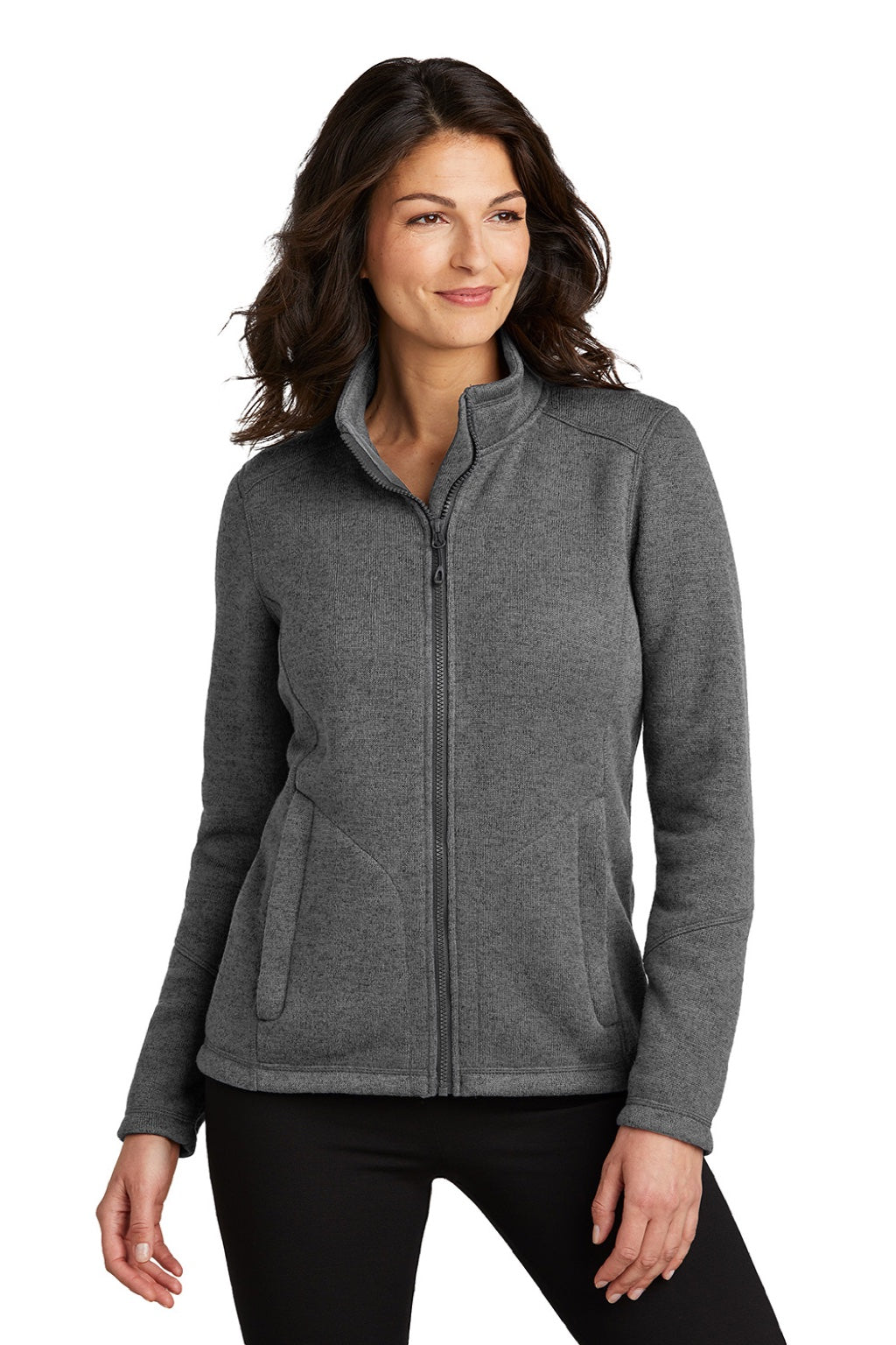 Port Authority L428 Womens Arc Pill Resistant Sweater Fleece Full Zip Jacket Heather Smoke Grey Model Front