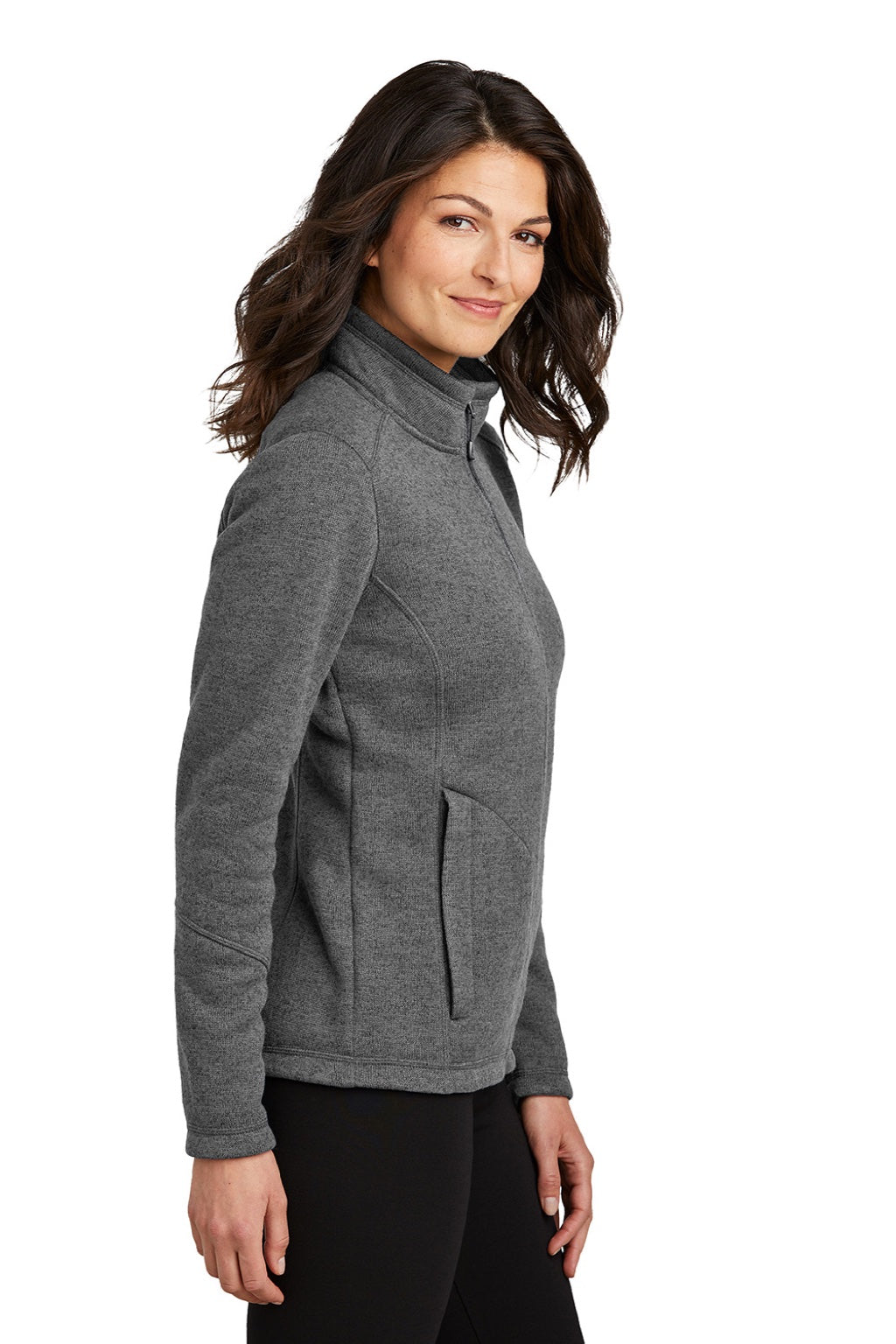 Port Authority L428 Womens Arc Pill Resistant Sweater Fleece Full Zip Jacket Heather Smoke Grey Model Side