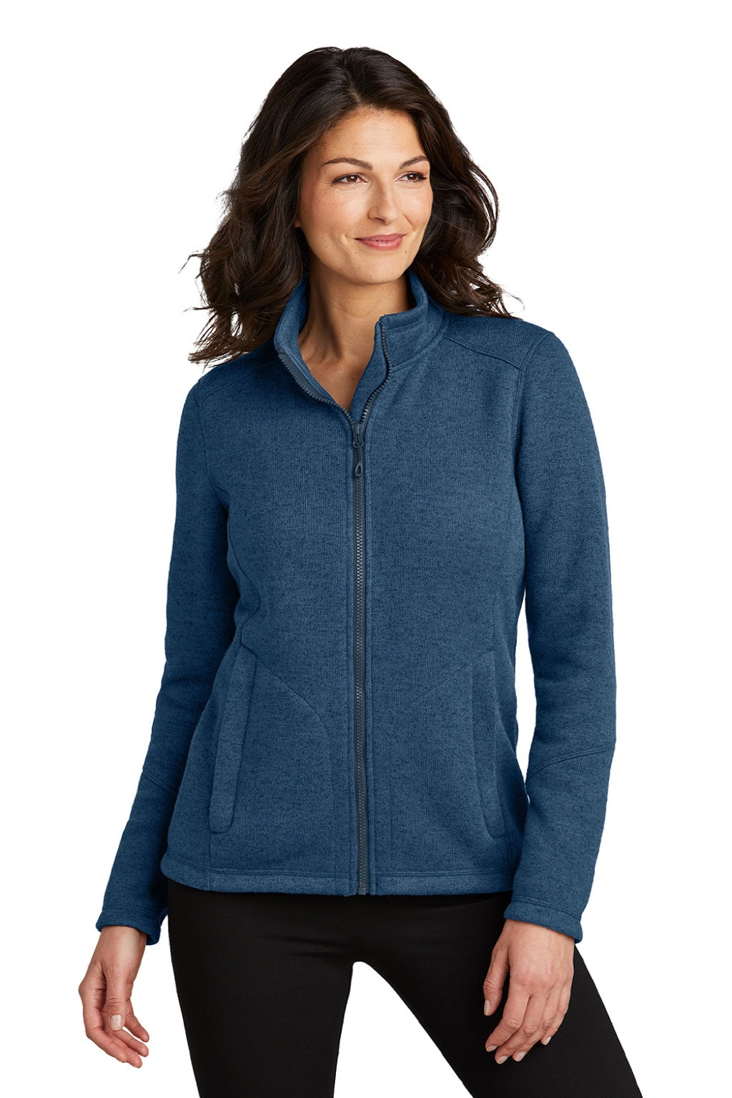 Port Authority L428 Womens Arc Pill Resistant Sweater Fleece Full Zip Jacket Heather Insignia Blue Model Front