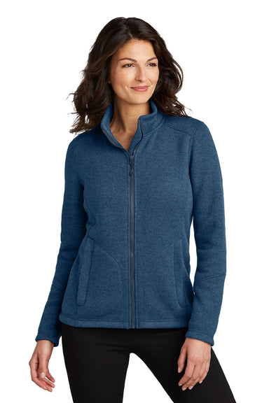 Port Authority L428 Womens Arc Pill Resistant Sweater Fleece Full Zip Jacket Heather Insignia Blue Model Front