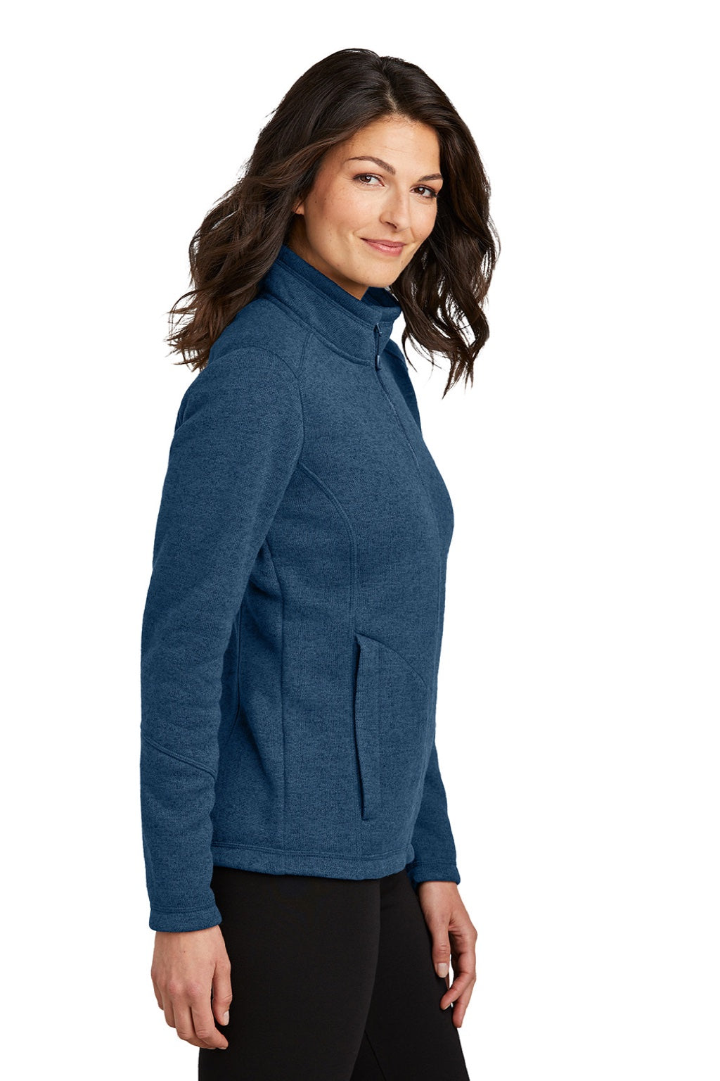 Port Authority L428 Womens Arc Pill Resistant Sweater Fleece Full Zip Jacket Heather Insignia Blue Model Side