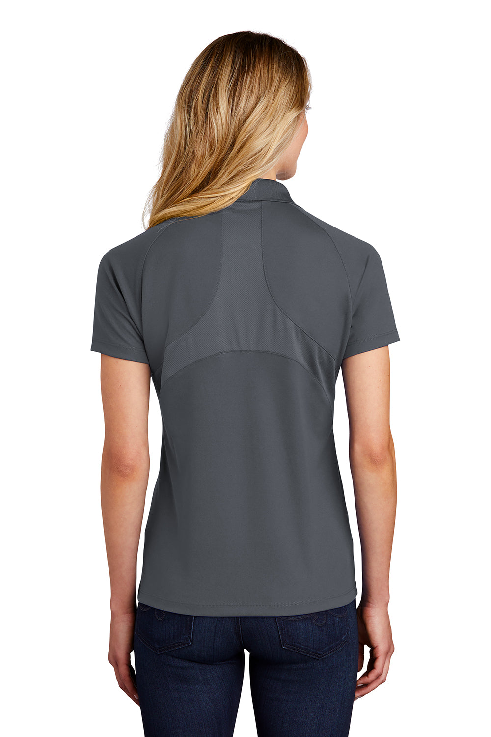Sport-Tek L474 Womens Dri-Mesh Moisture Wicking Short Sleeve Polo Shirt Steel Grey Model Back