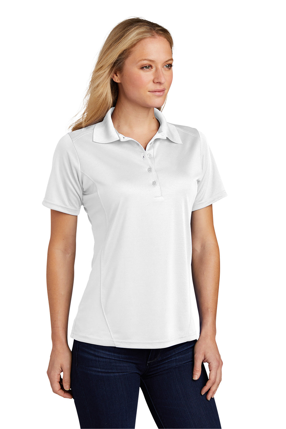 Sport-Tek L475 Womens Dry Zone Moisture Wicking Short Sleeve Polo Shirt White Model 3q