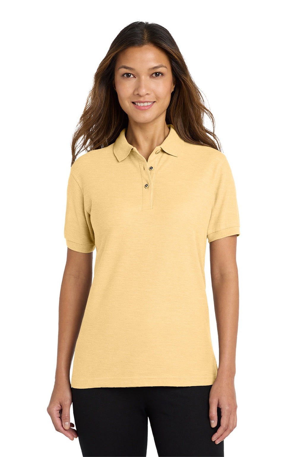 Port Authority L500 Womens Silk Touch Wrinkle Resistant Short Sleeve Polo Shirt Banana Yellow Model Front