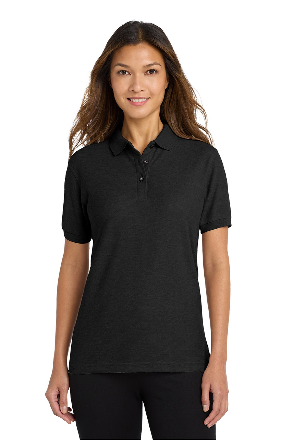 Port Authority L500 Womens Silk Touch Wrinkle Resistant Short Sleeve Polo Shirt Black Model Front