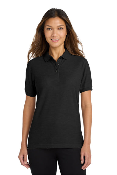 Port Authority L500 Womens Silk Touch Wrinkle Resistant Short Sleeve Polo Shirt Black Model Front