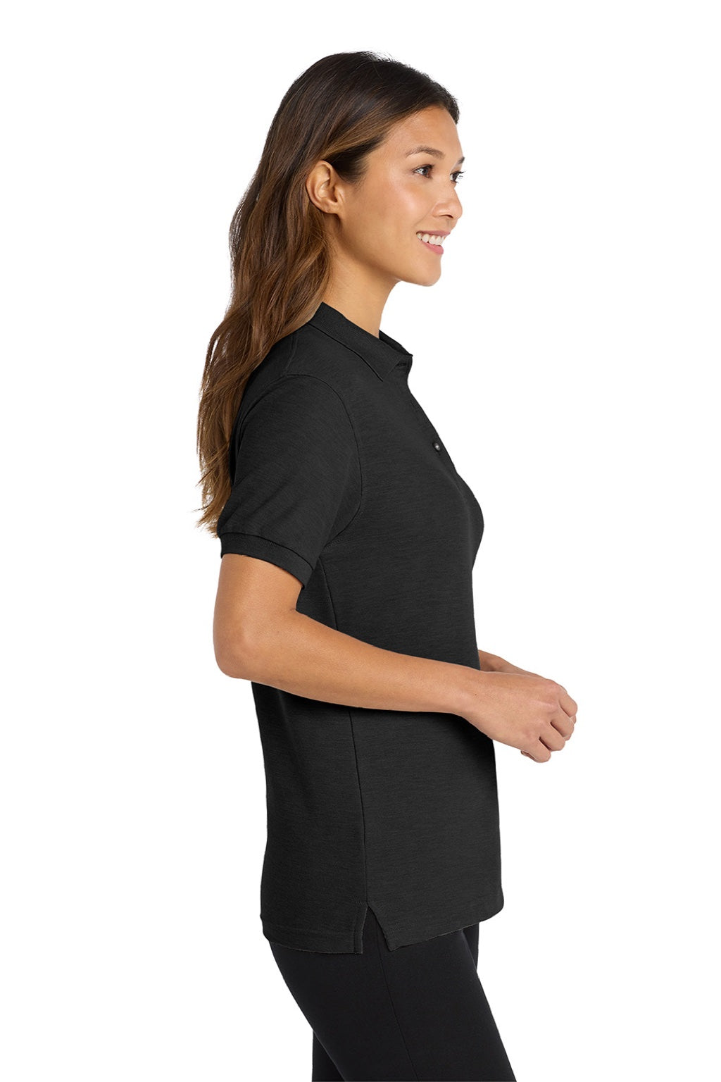 Port Authority L500 Womens Silk Touch Wrinkle Resistant Short Sleeve Polo Shirt Black Model Side