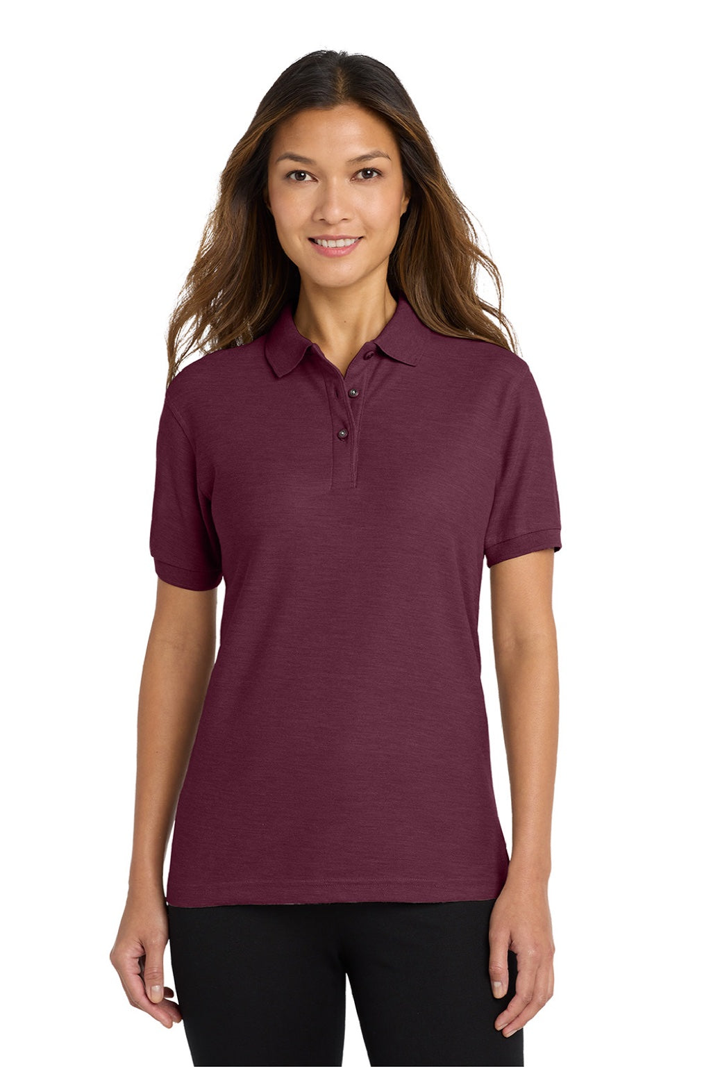Port Authority L500 Womens Silk Touch Wrinkle Resistant Short Sleeve Polo Shirt Burgundy Model Front