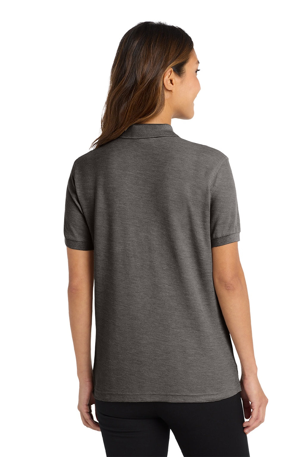 Port Authority L500 Womens Silk Touch Wrinkle Resistant Short Sleeve Polo Shirt Heather Charcoal Grey Model Back