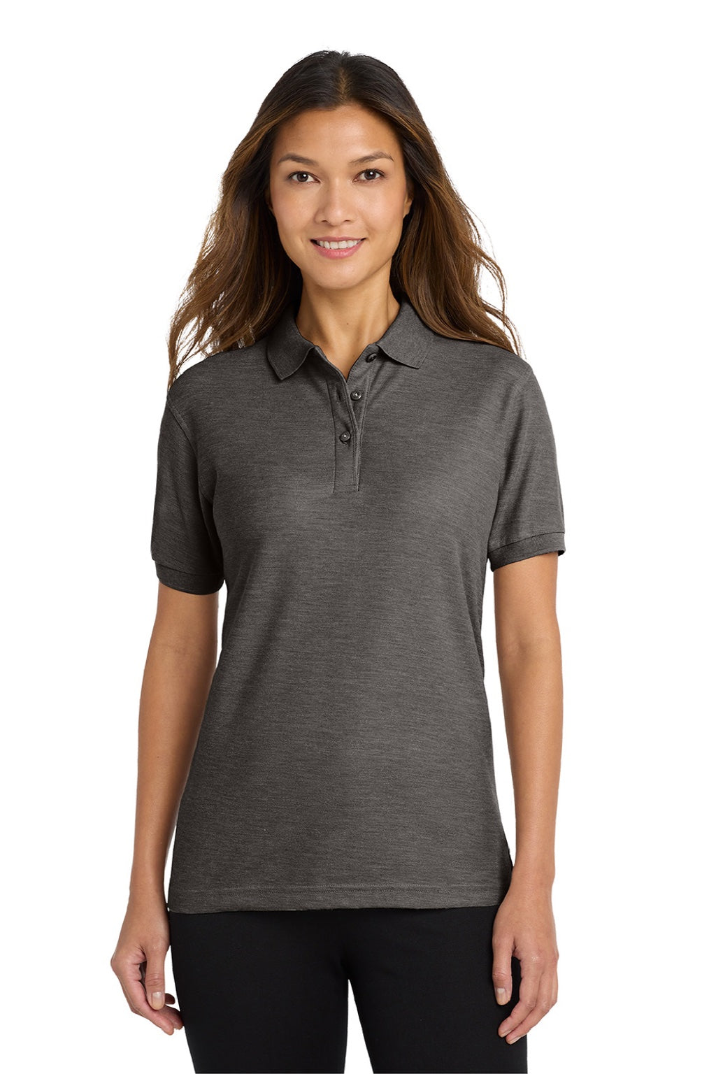 Port Authority L500 Womens Silk Touch Wrinkle Resistant Short Sleeve Polo Shirt Heather Charcoal Grey Model Front