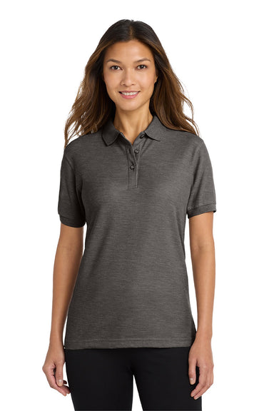 Port Authority L500 Womens Silk Touch Wrinkle Resistant Short Sleeve Polo Shirt Heather Charcoal Grey Model Front