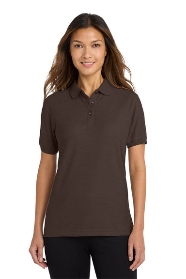 Port Authority L500 Womens Silk Touch Wrinkle Resistant Short Sleeve Polo Shirt Coffee Bean Brown Model Front