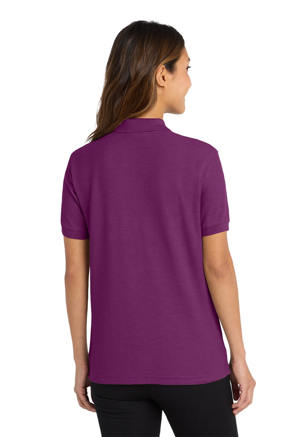 Port Authority L500 Womens Silk Touch Wrinkle Resistant Short Sleeve Polo Shirt Deep Berry Purple Model Back