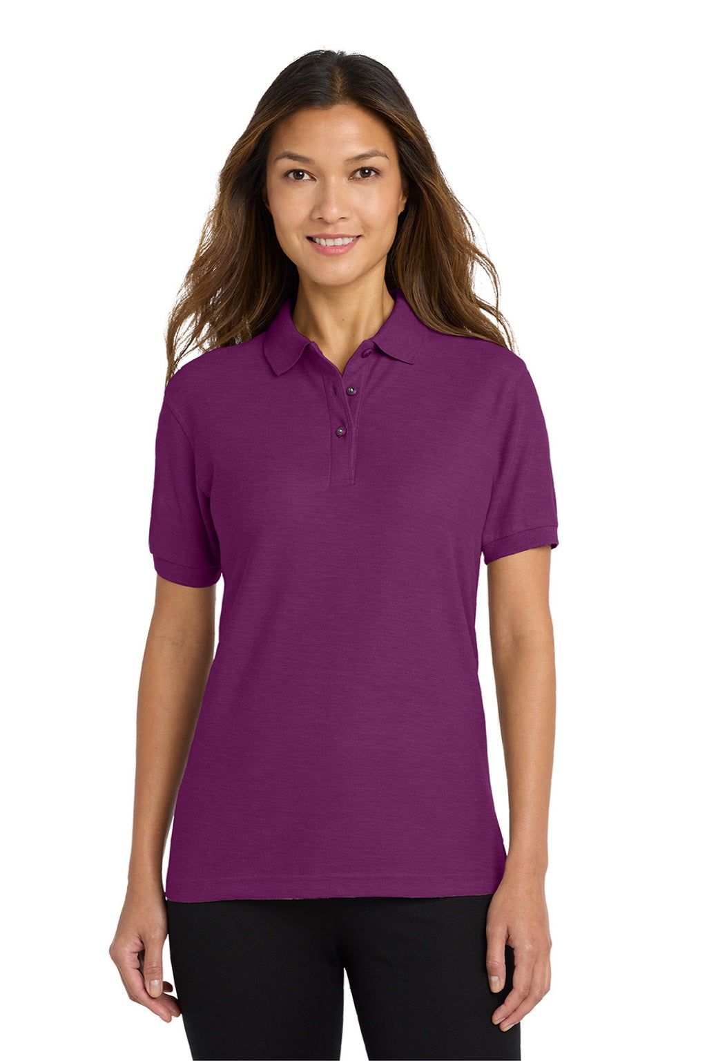 Port Authority L500 Womens Silk Touch Wrinkle Resistant Short Sleeve Polo Shirt Deep Berry Purple Model Front
