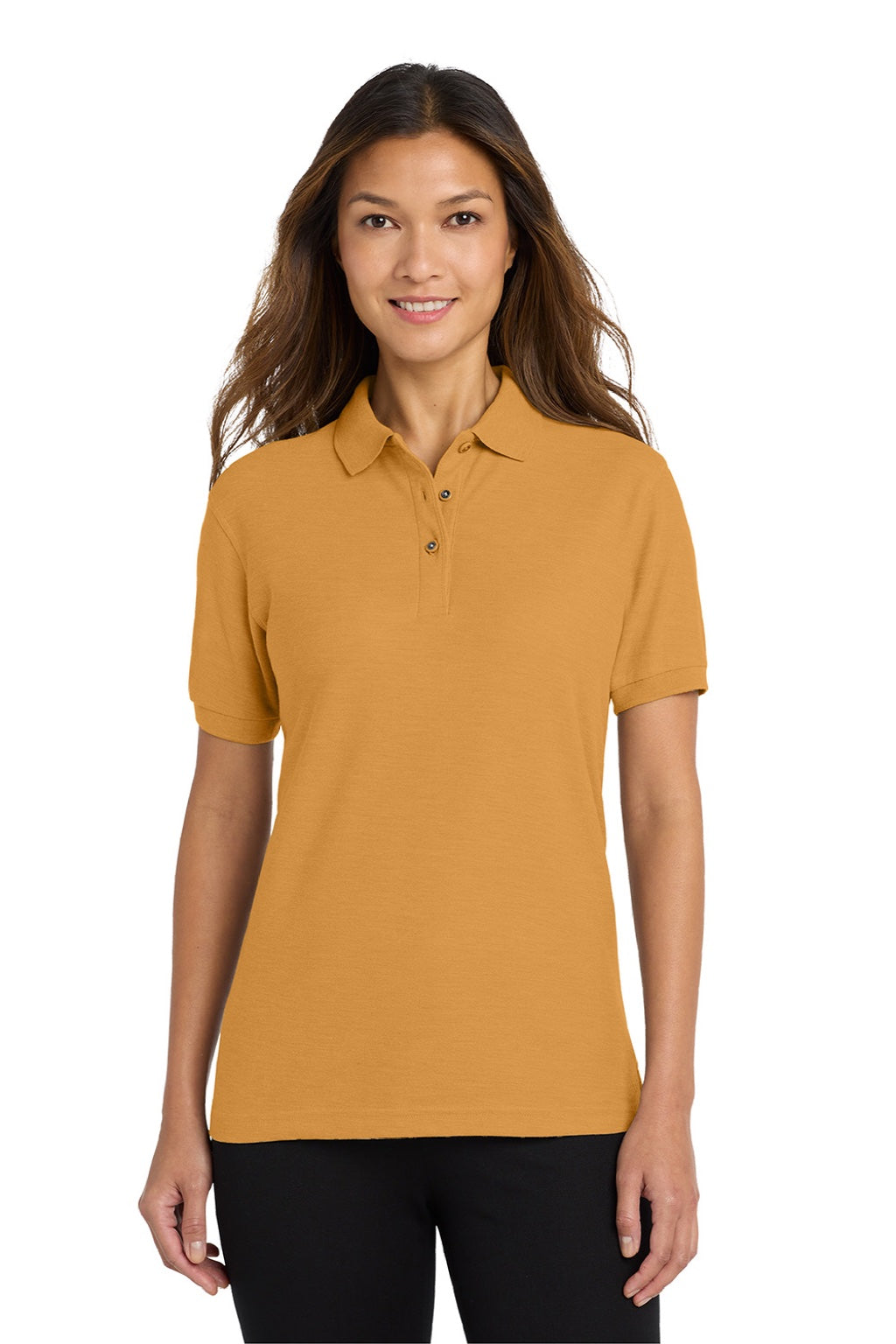 Port Authority L500 Womens Silk Touch Wrinkle Resistant Short Sleeve Polo Shirt Gold Model Front