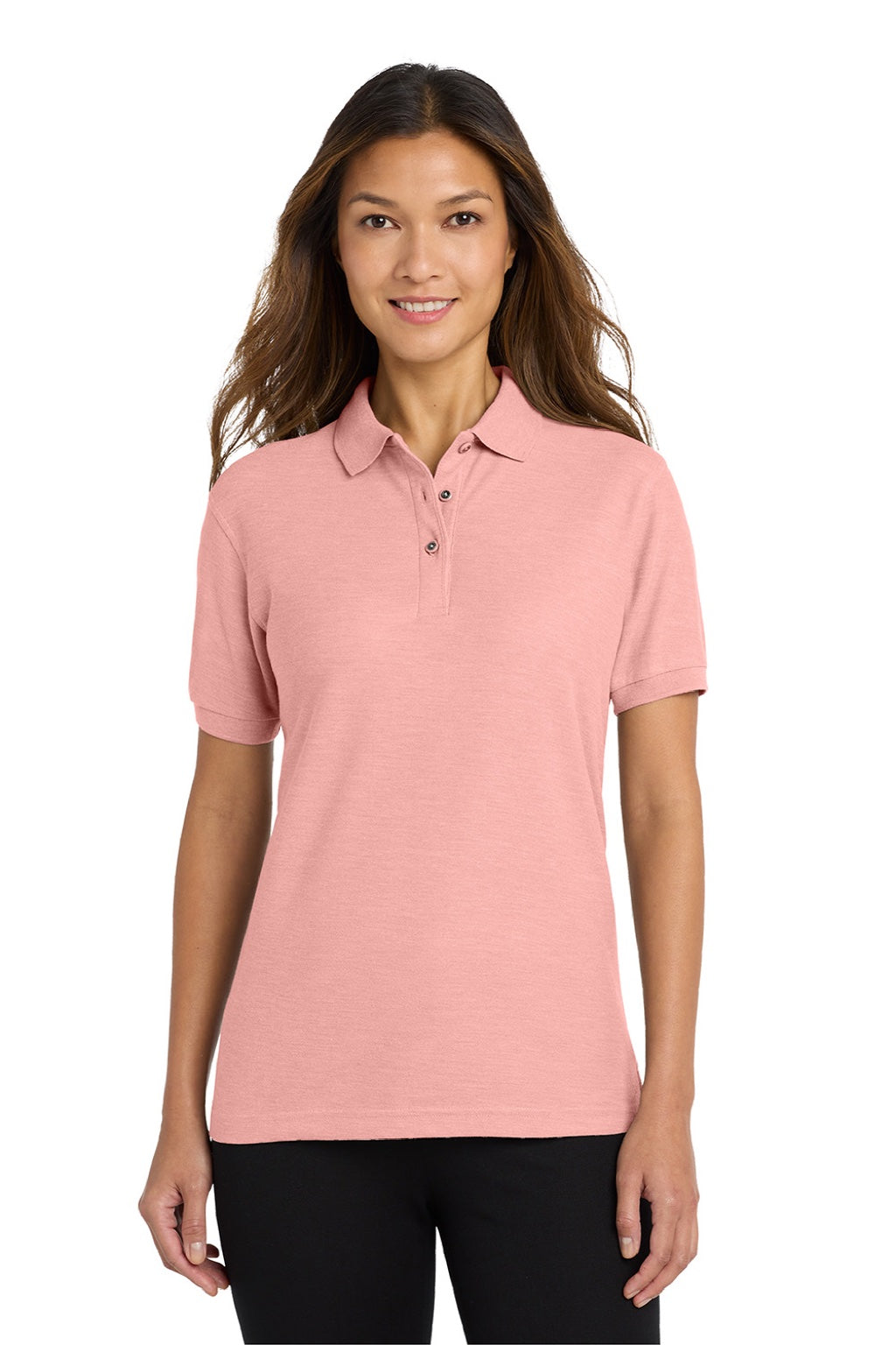 Port Authority L500 Womens Silk Touch Wrinkle Resistant Short Sleeve Polo Shirt Light Pink Model Front