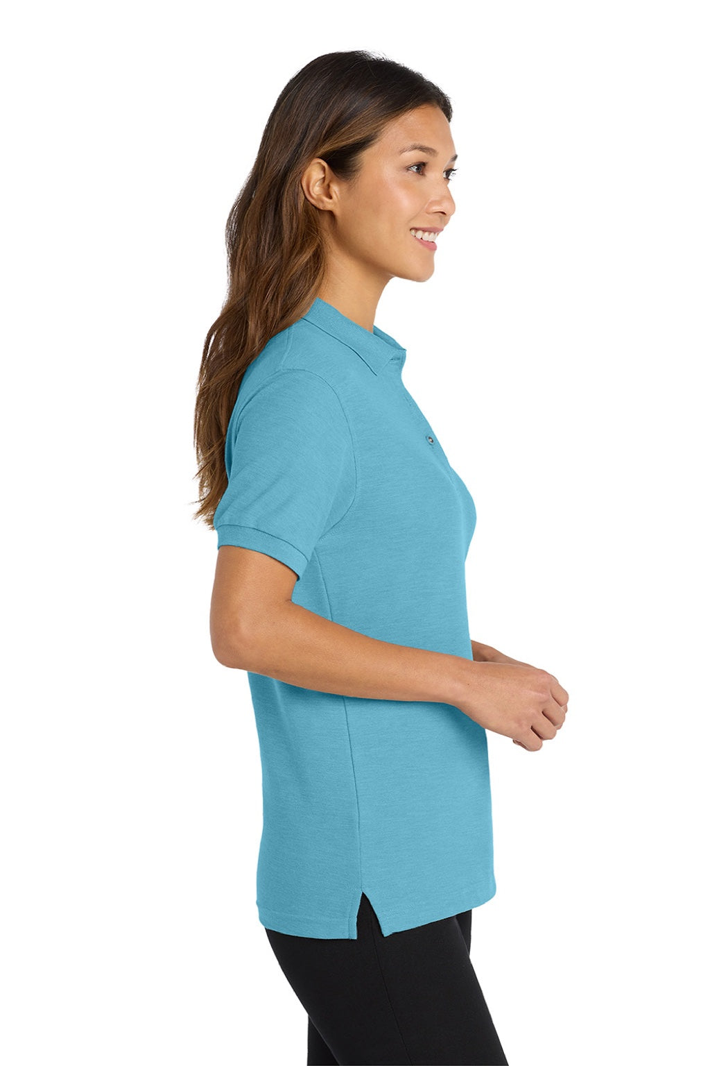 Port Authority L500 Womens Silk Touch Wrinkle Resistant Short Sleeve Polo Shirt Maui Blue Model Side