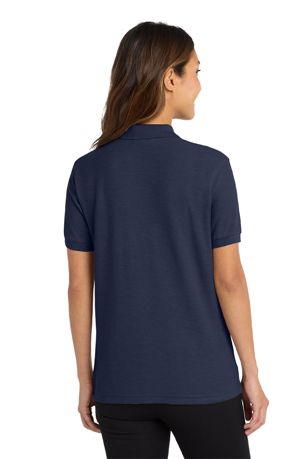 Port Authority L500 Womens Silk Touch Wrinkle Resistant Short Sleeve Polo Shirt Navy Blue Model Back