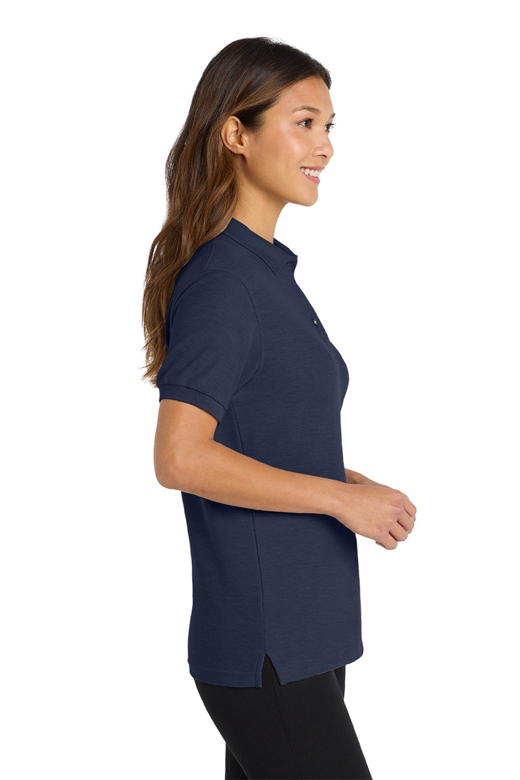 Port Authority L500 Womens Silk Touch Wrinkle Resistant Short Sleeve Polo Shirt Navy Blue Model Side