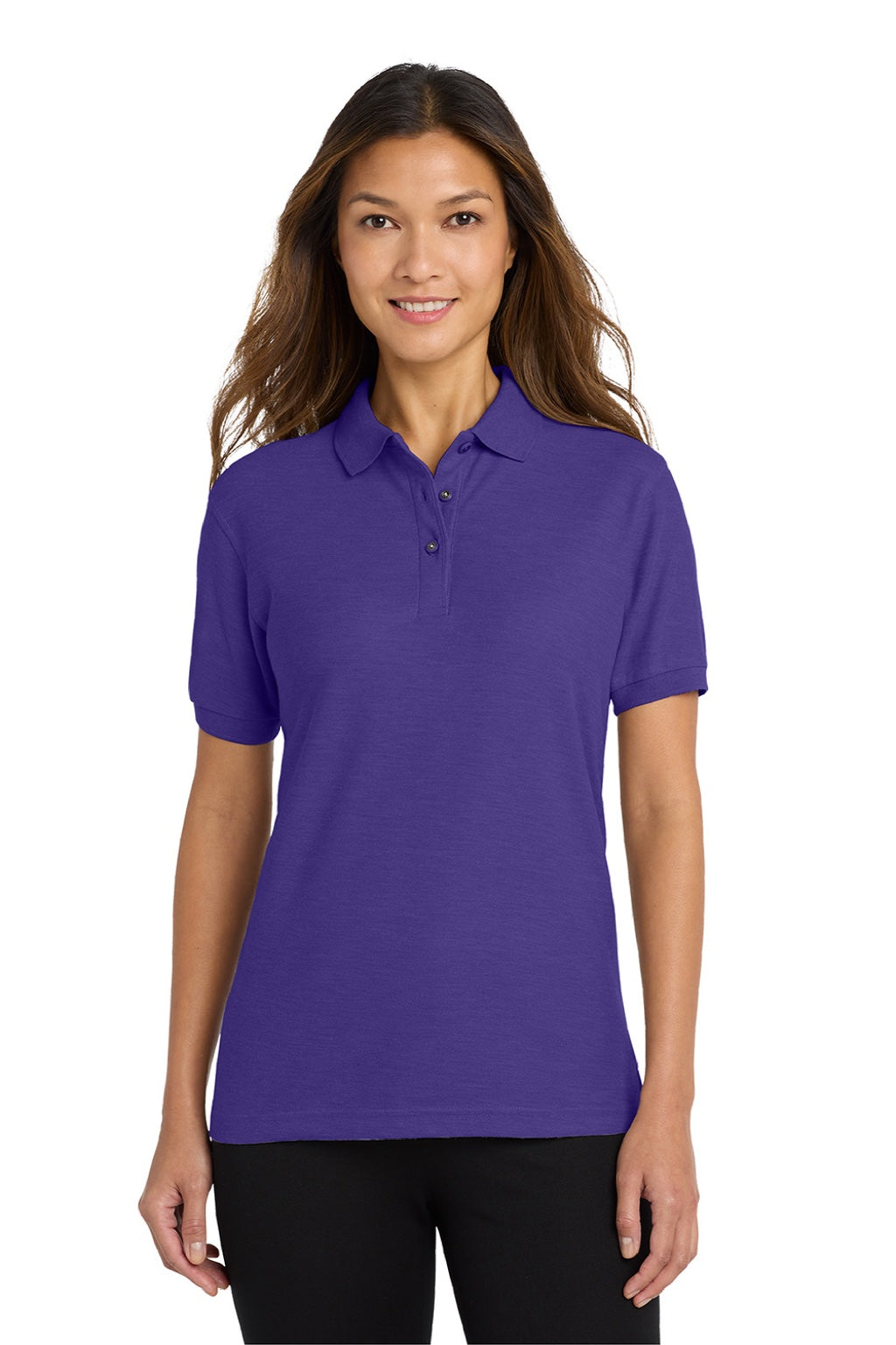 Port Authority L500 Womens Silk Touch Wrinkle Resistant Short Sleeve Polo Shirt Purple Model Front