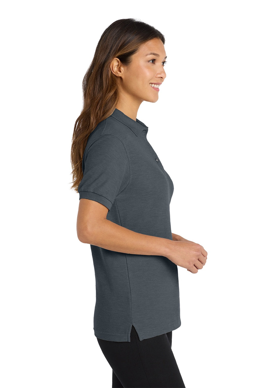 Port Authority L500 Womens Silk Touch Wrinkle Resistant Short Sleeve Polo Shirt Steel Grey Model Side
