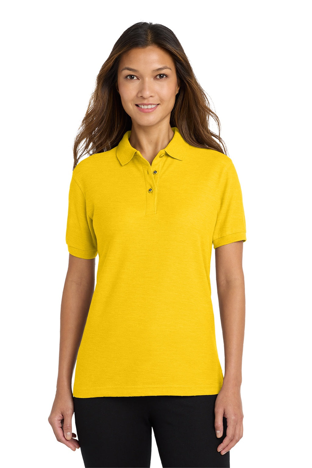 Port Authority L500 Womens Silk Touch Wrinkle Resistant Short Sleeve Polo Shirt Sunflower Yellow Model Front