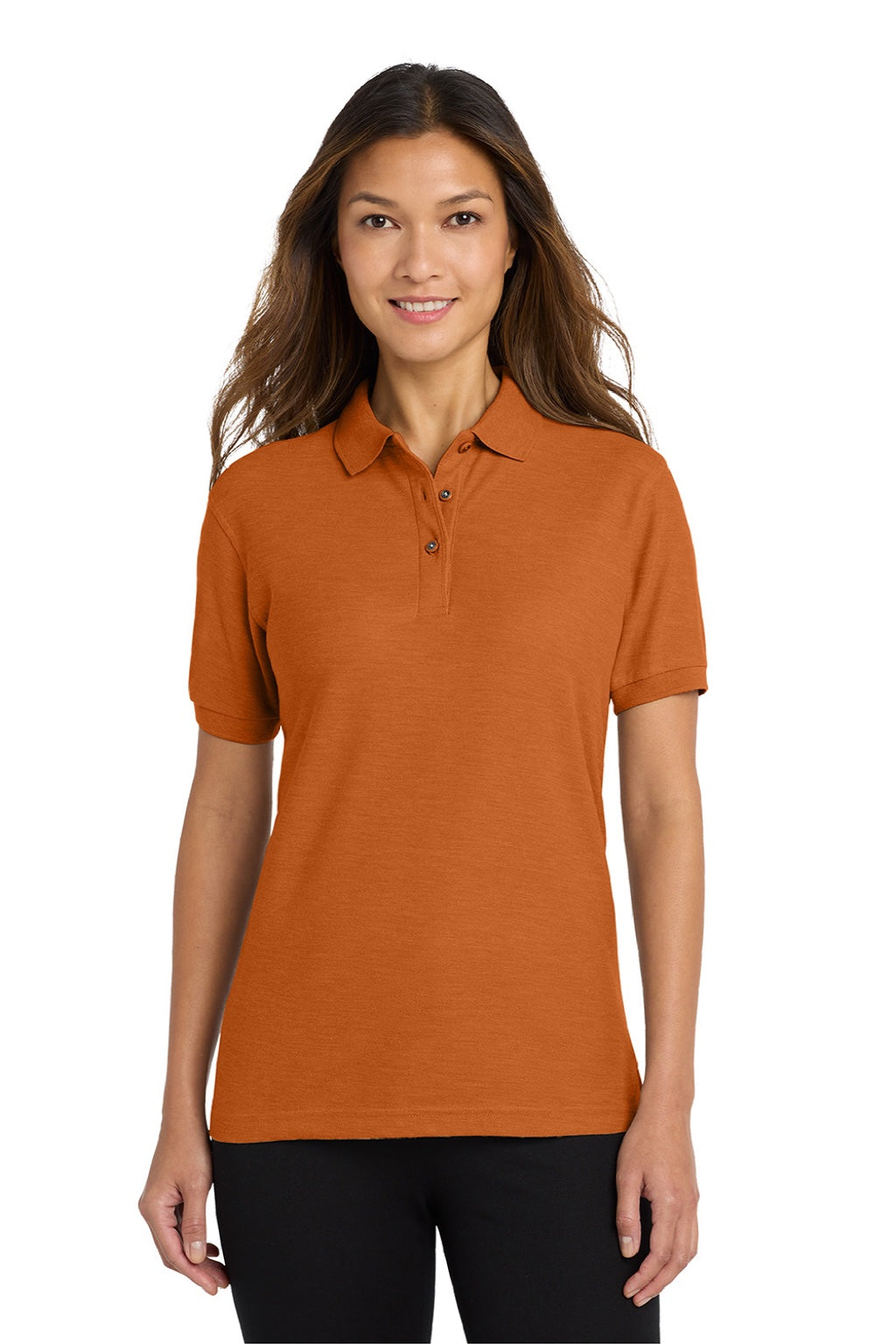 Port Authority L500 Womens Silk Touch Wrinkle Resistant Short Sleeve Polo Shirt Texas Orange Model Front