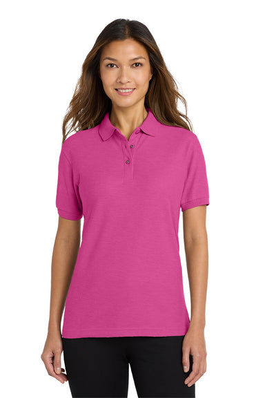Port Authority L500 Womens Silk Touch Wrinkle Resistant Short Sleeve Polo Shirt Tropical Pink Model Front