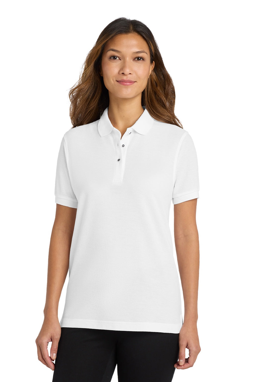 Port Authority L500 Womens Silk Touch Wrinkle Resistant Short Sleeve Polo Shirt White Model Front
