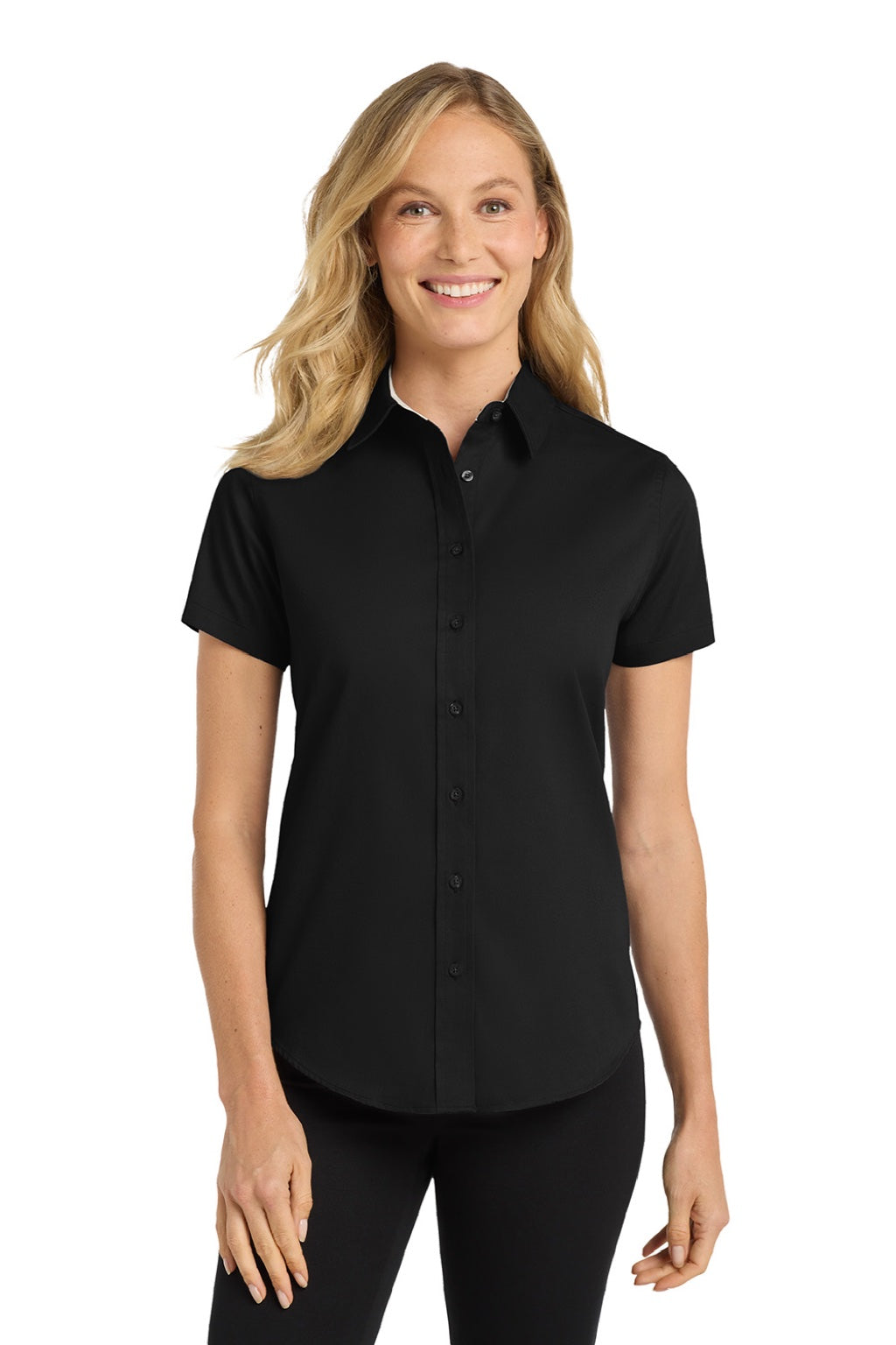 Port Authority L508 Womens Easy Care Wrinkle Resistant Short Sleeve Button Down Shirt Black/Light Stone Model Front