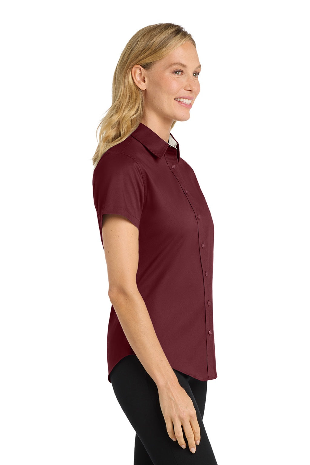 Port Authority L508 Womens Easy Care Wrinkle Resistant Short Sleeve Button Down Shirt Burgundy/Light Stone Model Side