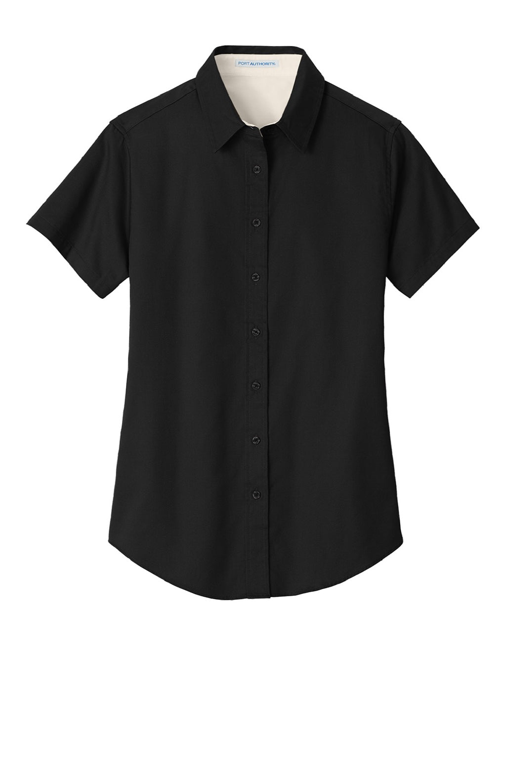 Port Authority L508 Womens Easy Care Wrinkle Resistant Short Sleeve Button Down Shirt Black/Light Stone Flat Front