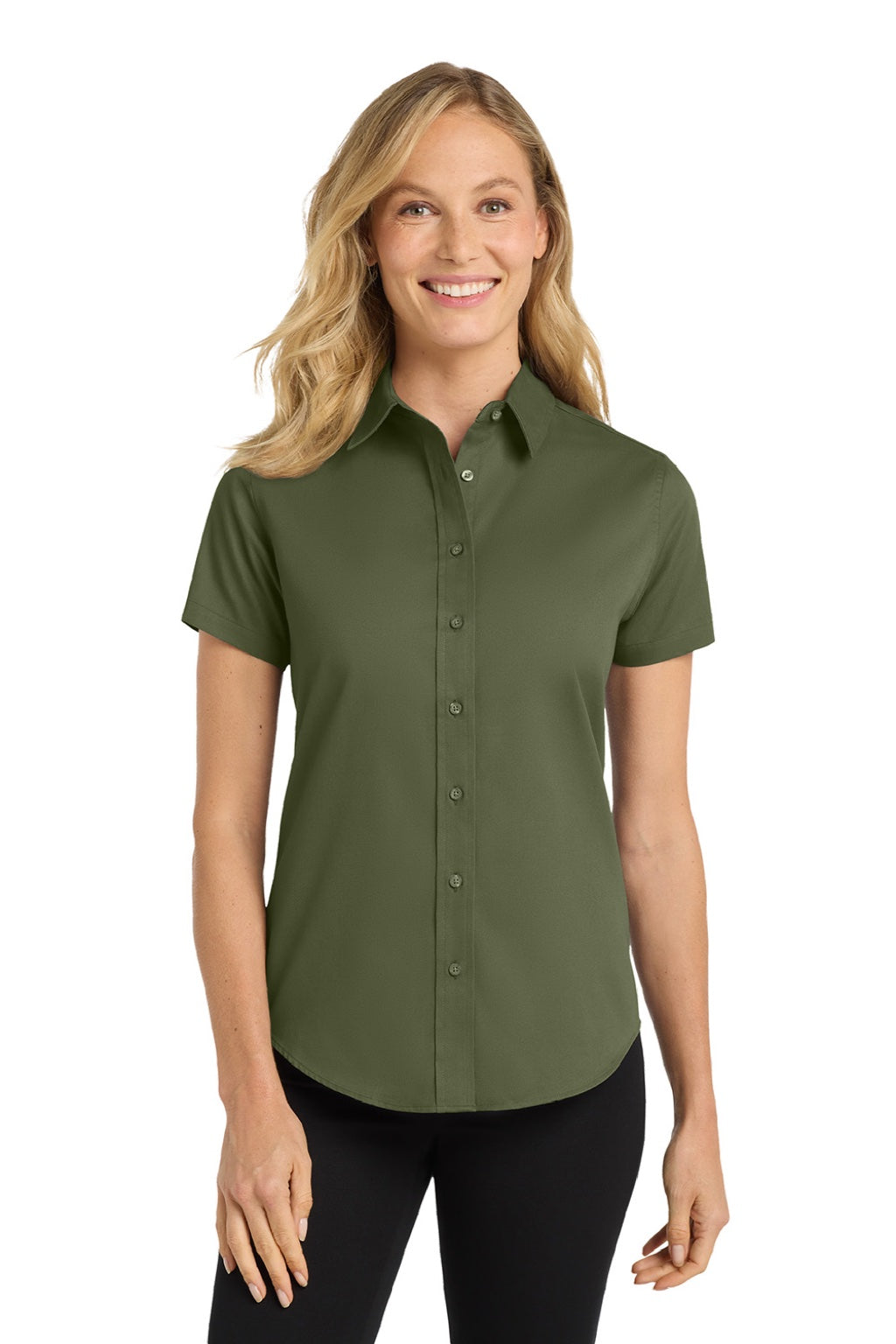 Port Authority L508 Womens Easy Care Wrinkle Resistant Short Sleeve Button Down Shirt Clover Green Model Front