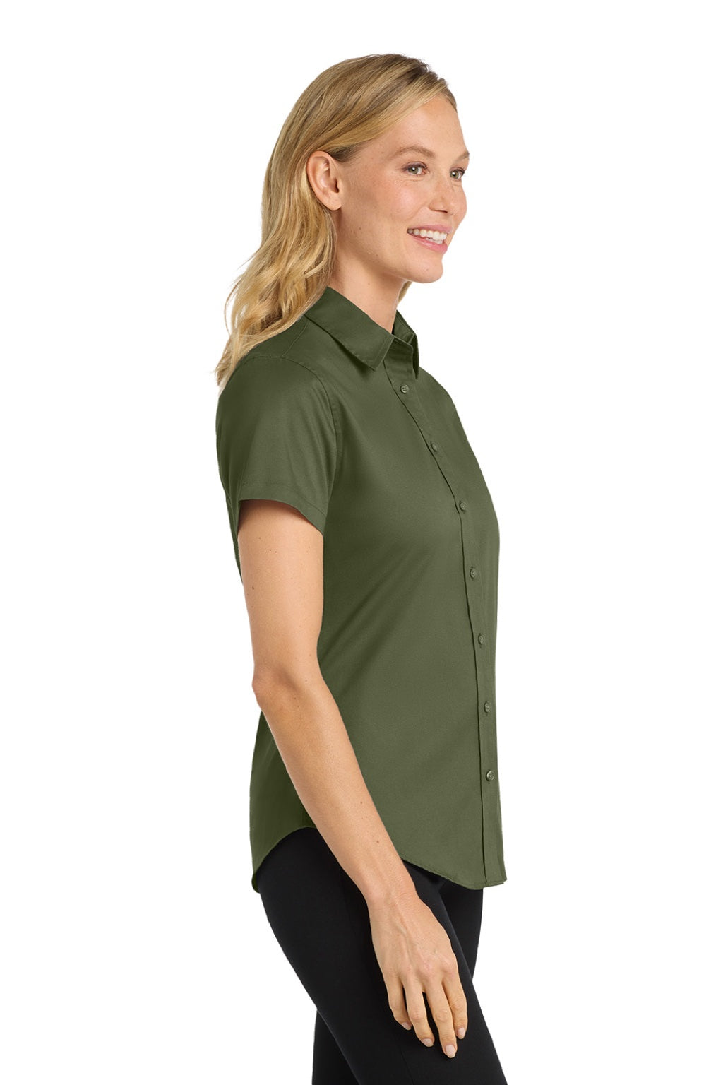 Port Authority L508 Womens Easy Care Wrinkle Resistant Short Sleeve Button Down Shirt Clover Green Model Side