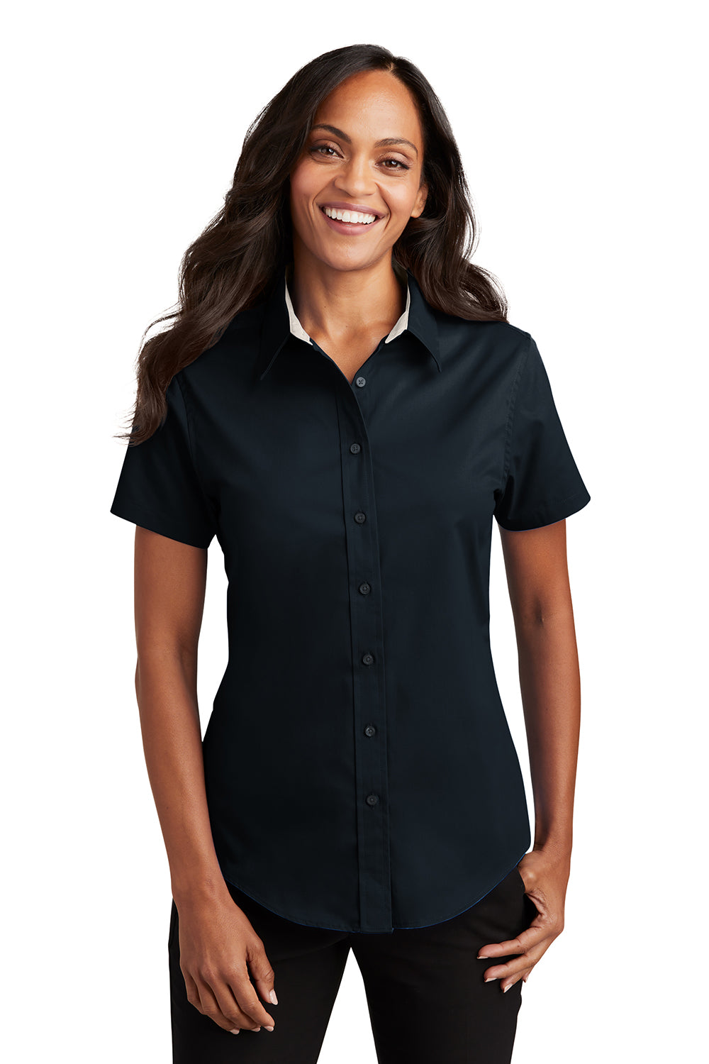 Port Authority L508 Womens Easy Care Wrinkle Resistant Short Sleeve Button Down Shirt Classic Navy Blue Front