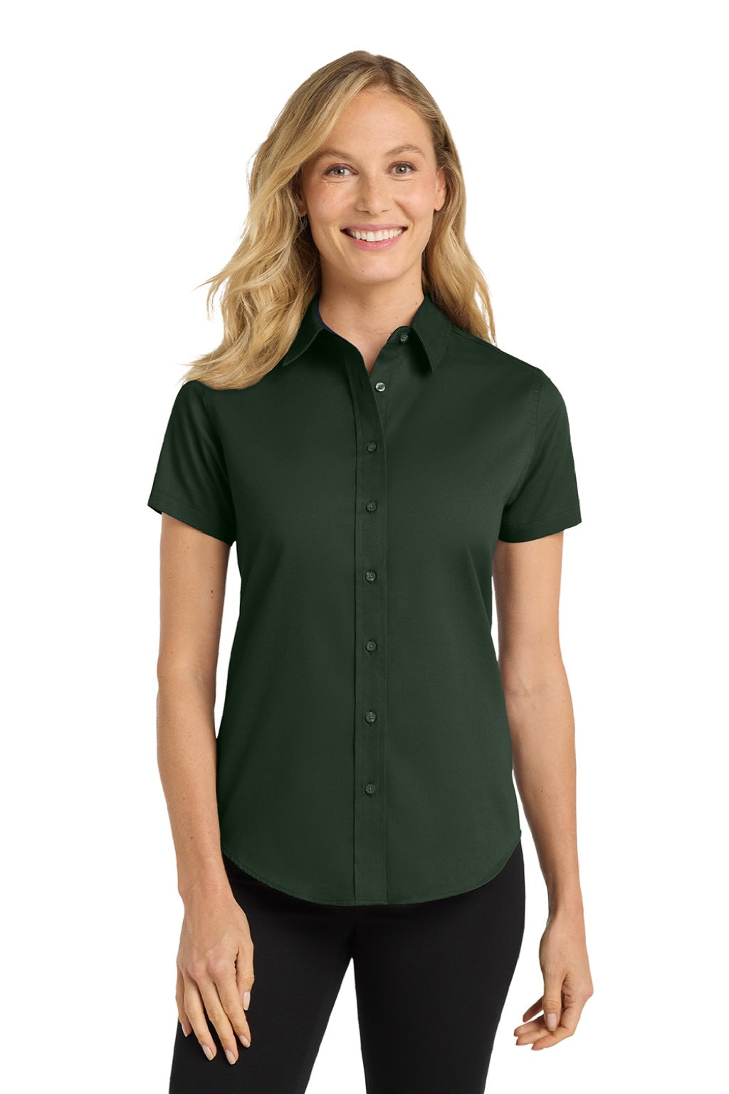 Port Authority L508 Womens Easy Care Wrinkle Resistant Short Sleeve Button Down Shirt Dark Green/Navy Blue Model Front