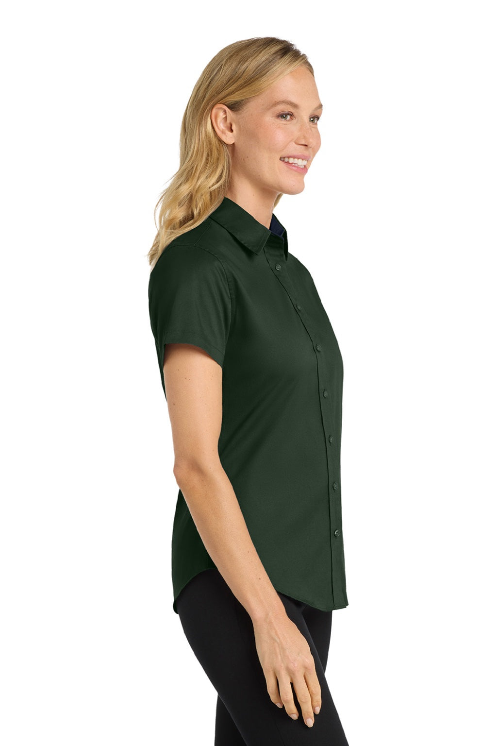 Port Authority L508 Womens Easy Care Wrinkle Resistant Short Sleeve Button Down Shirt Dark Green/Navy Blue Model Side