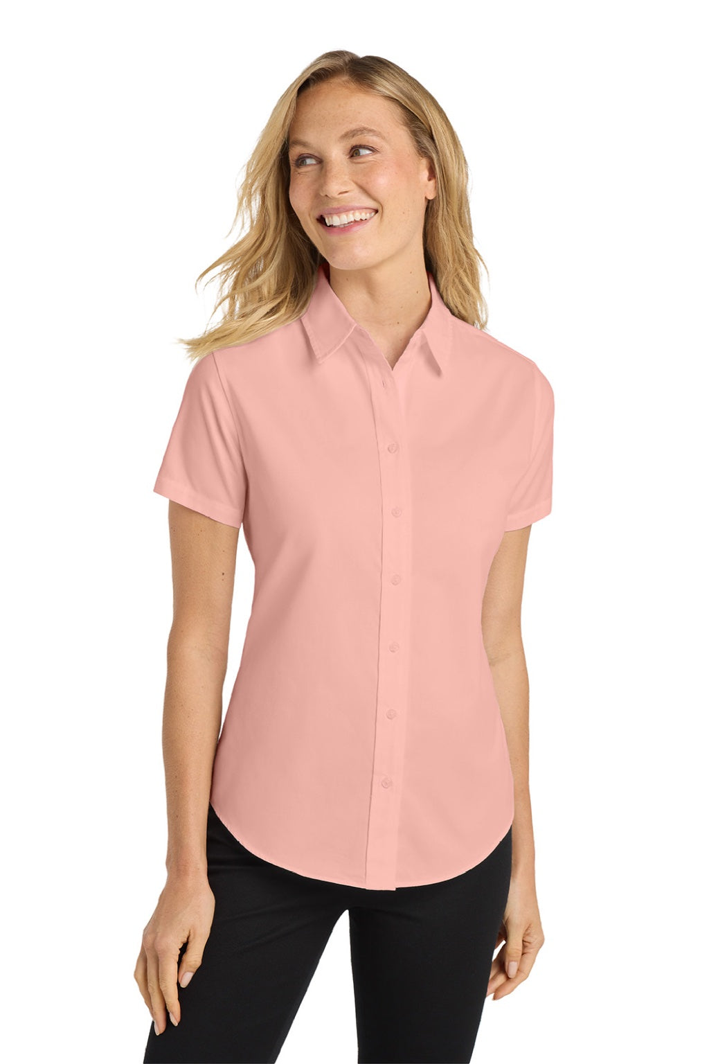 Port Authority L508 Womens Easy Care Wrinkle Resistant Short Sleeve Button Down Shirt Light Pink Model Front