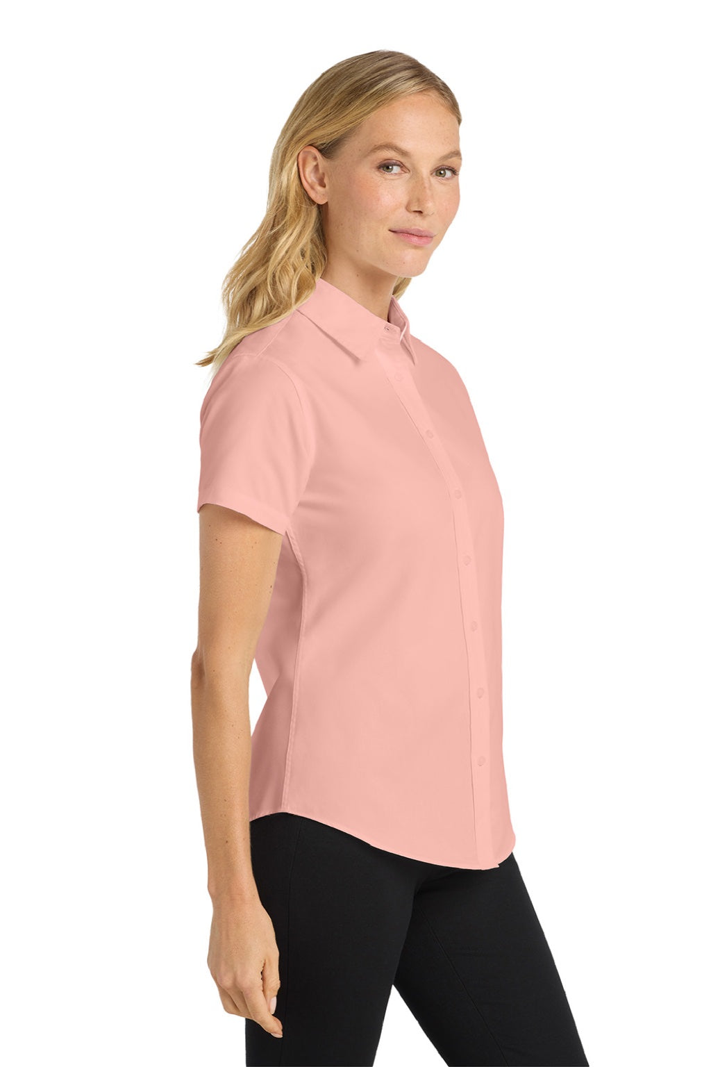 Port Authority L508 Womens Easy Care Wrinkle Resistant Short Sleeve Button Down Shirt Light Pink Model Side