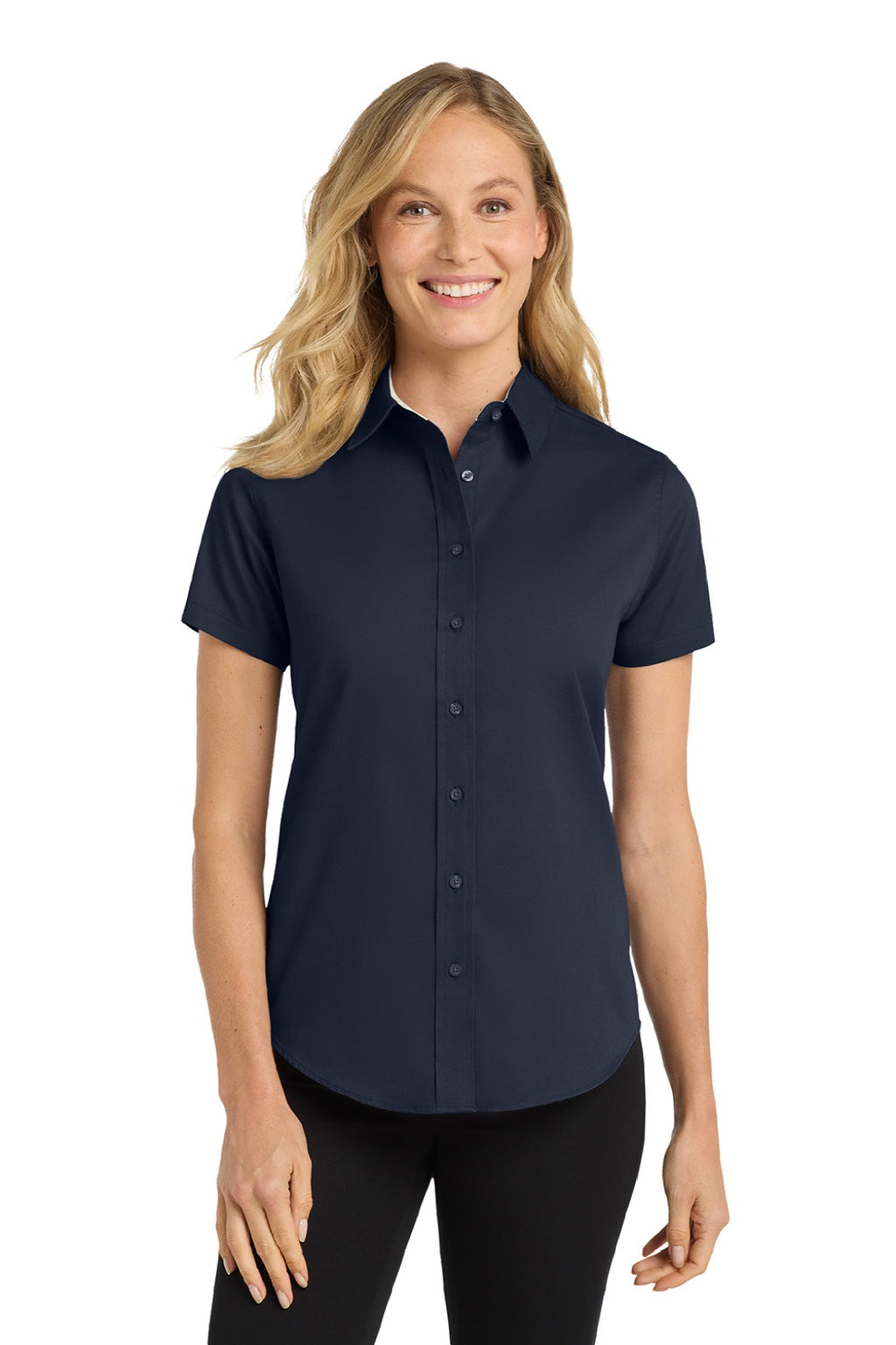 Port Authority L508 Womens Easy Care Wrinkle Resistant Short Sleeve Button Down Shirt Navy Blue/Light Stone Model Front