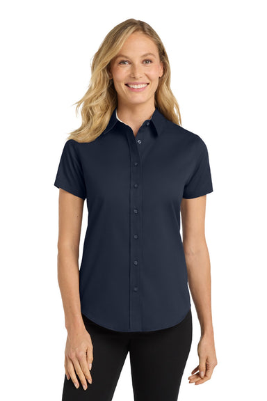 Port Authority L508 Womens Easy Care Wrinkle Resistant Short Sleeve Button Down Shirt Navy Blue/Light Stone Model Front