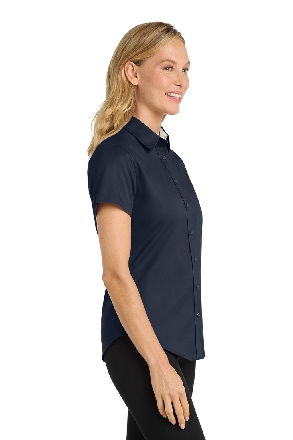 Port Authority L508 Womens Easy Care Wrinkle Resistant Short Sleeve Button Down Shirt Navy Blue/Light Stone Model Side