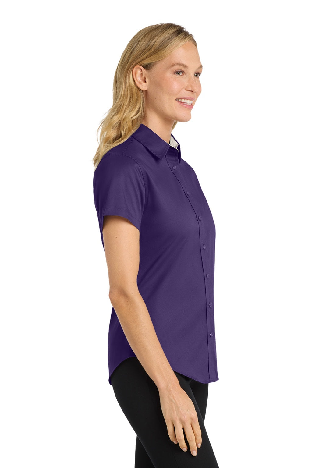 Port Authority L508 Womens Easy Care Wrinkle Resistant Short Sleeve Button Down Shirt Purple/Stone Model Side