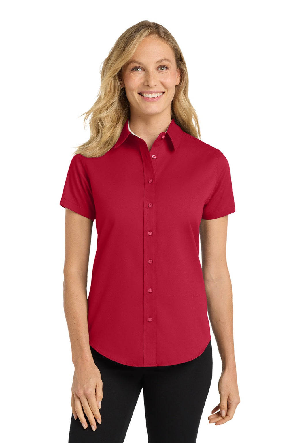 Port Authority L508 Womens Easy Care Wrinkle Resistant Short Sleeve Button Down Shirt Red/Light Stone Model Front