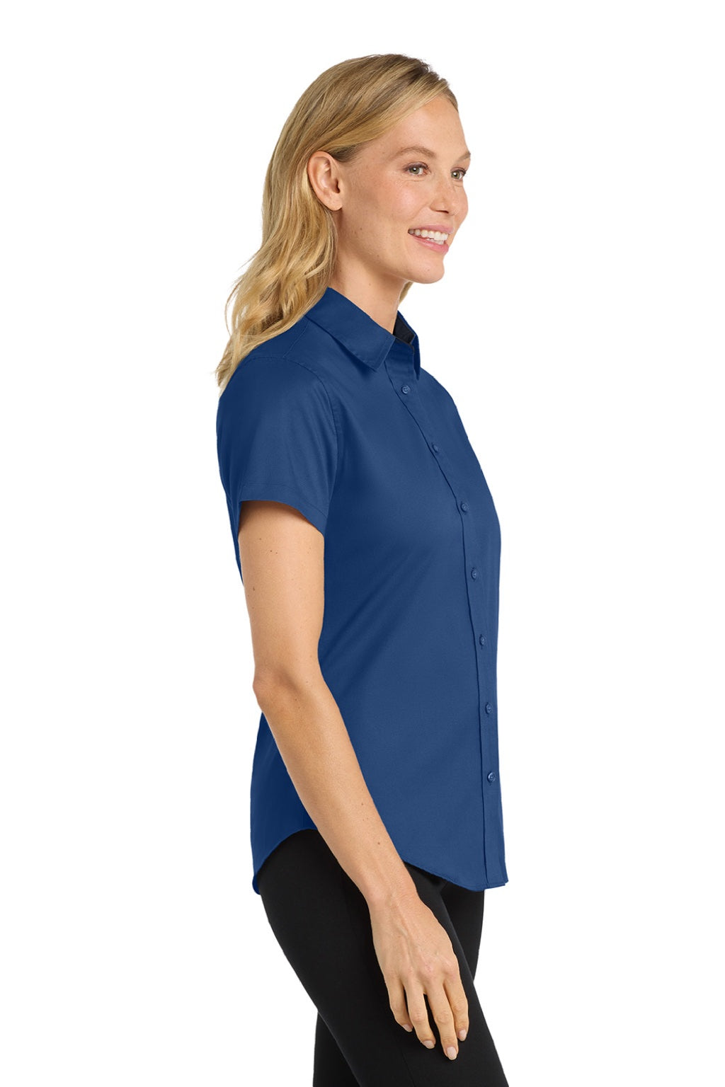 Port Authority L508 Womens Easy Care Wrinkle Resistant Short Sleeve Button Down Shirt Royal Blue/Classic Navy Blue Model Side