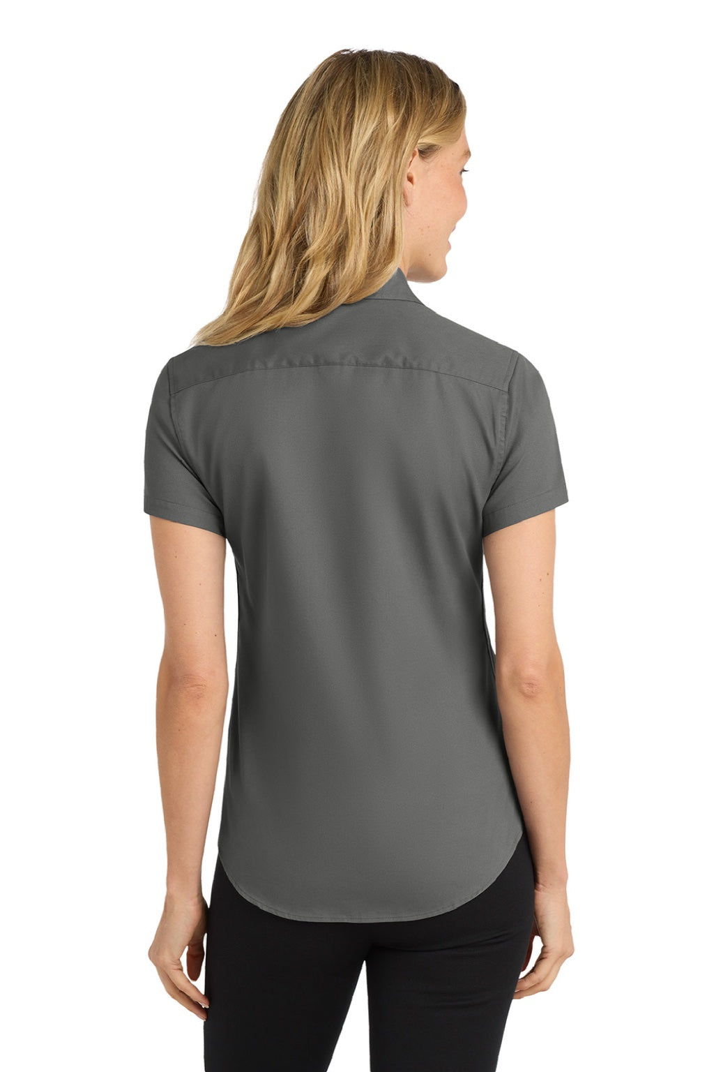 Port Authority L508 Womens Easy Care Wrinkle Resistant Short Sleeve Button Down Shirt Steel Grey/Light Stone Model Back