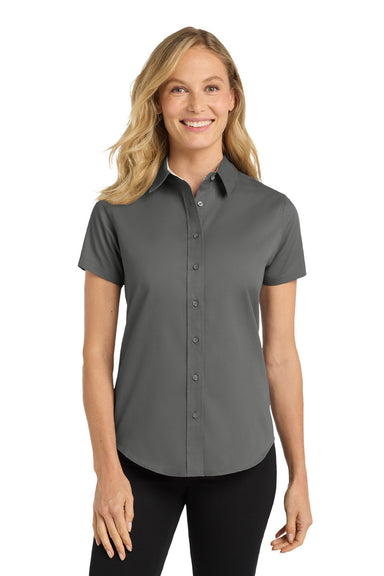 Port Authority L508 Womens Easy Care Wrinkle Resistant Short Sleeve Button Down Shirt Steel Grey/Light Stone Model Front