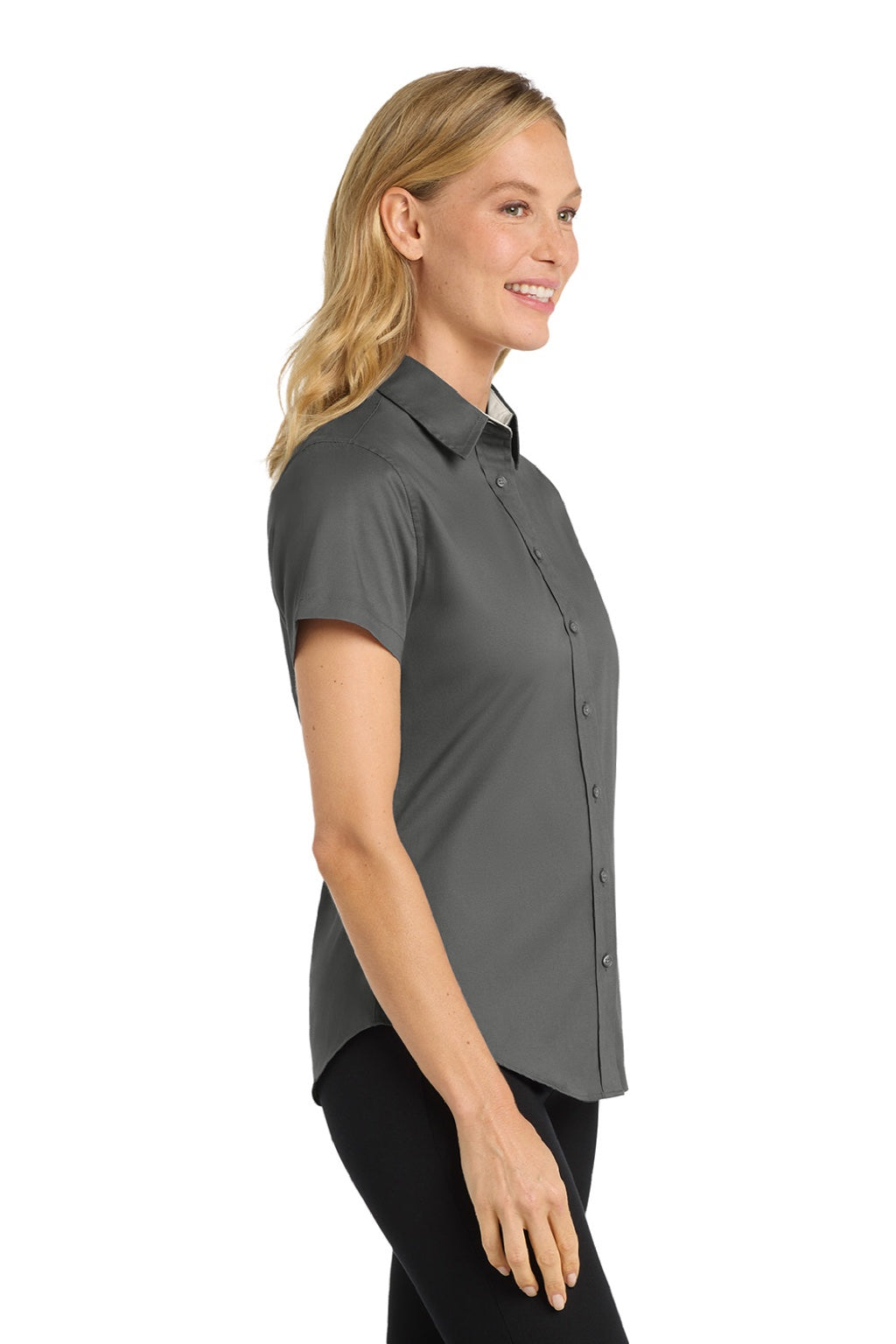 Port Authority L508 Womens Easy Care Wrinkle Resistant Short Sleeve Button Down Shirt Steel Grey/Light Stone Model Side