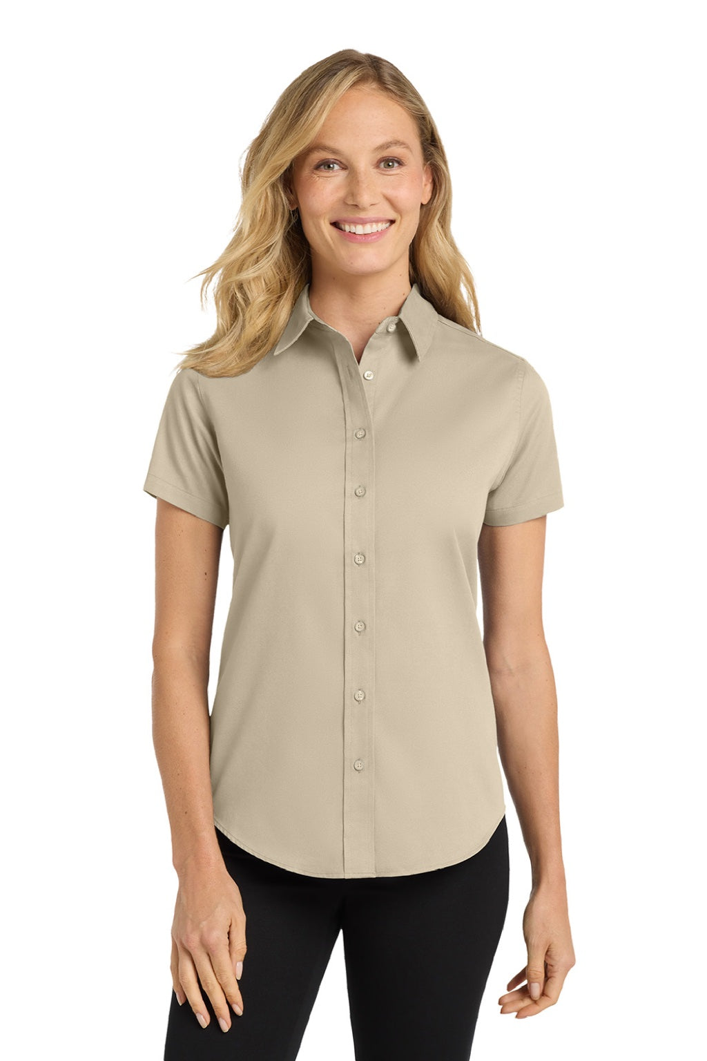 Port Authority L508 Womens Easy Care Wrinkle Resistant Short Sleeve Button Down Shirt Stone Brown Model Front